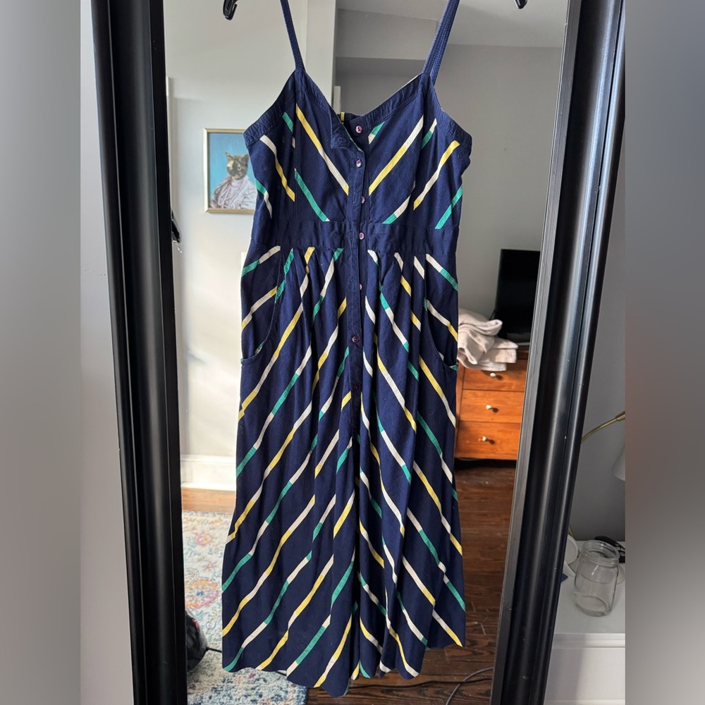 Cooperative Navy Dress with Yellow and Green Stripes